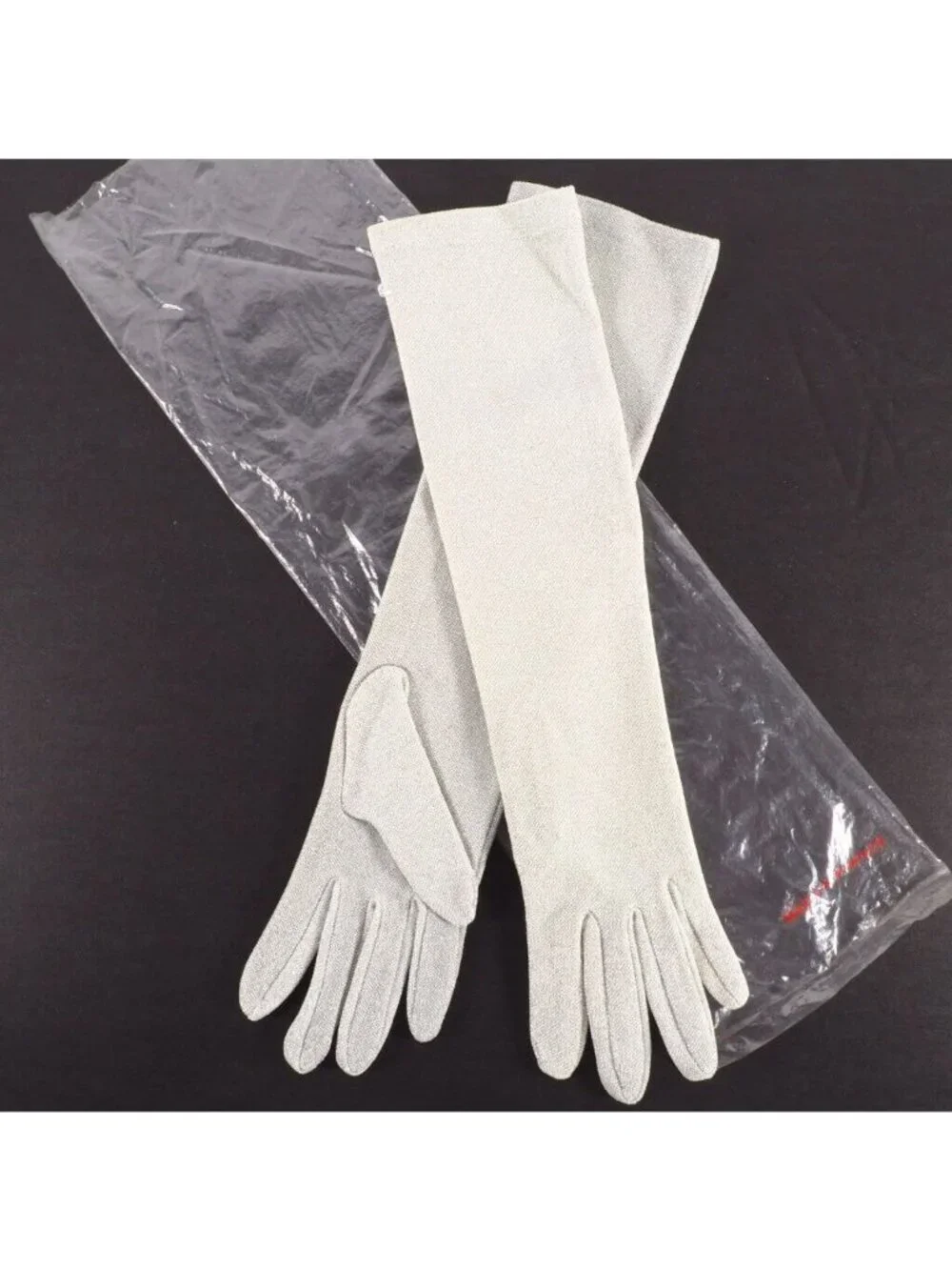 Vintage Womens Opera Gloves Size M Metalic Silver NOS 15 Inch Long Hello 80s